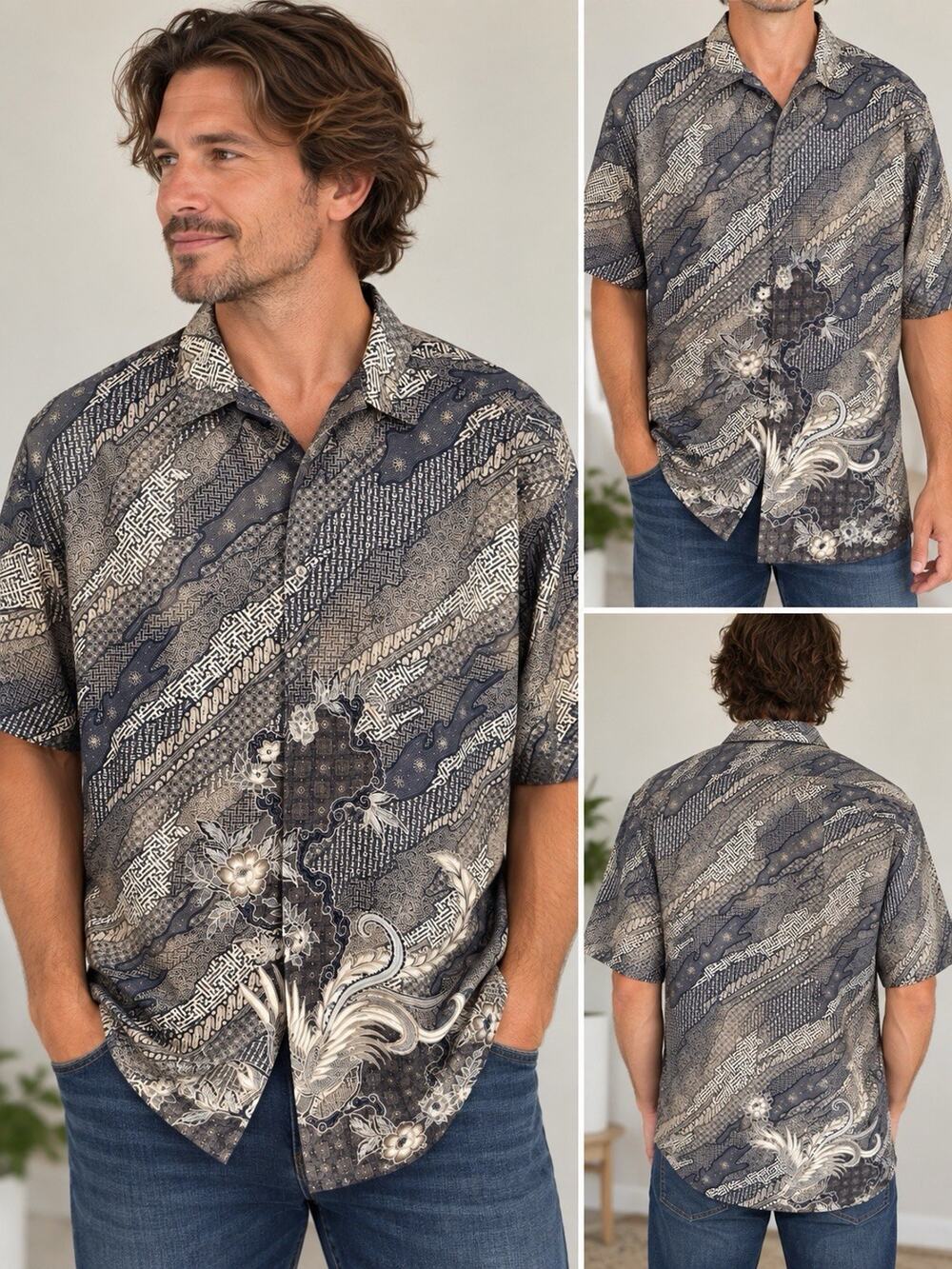 Batik Keris Mens Size 18 Shirt Short Sleeve Gray Brown Geometric Abstract Party